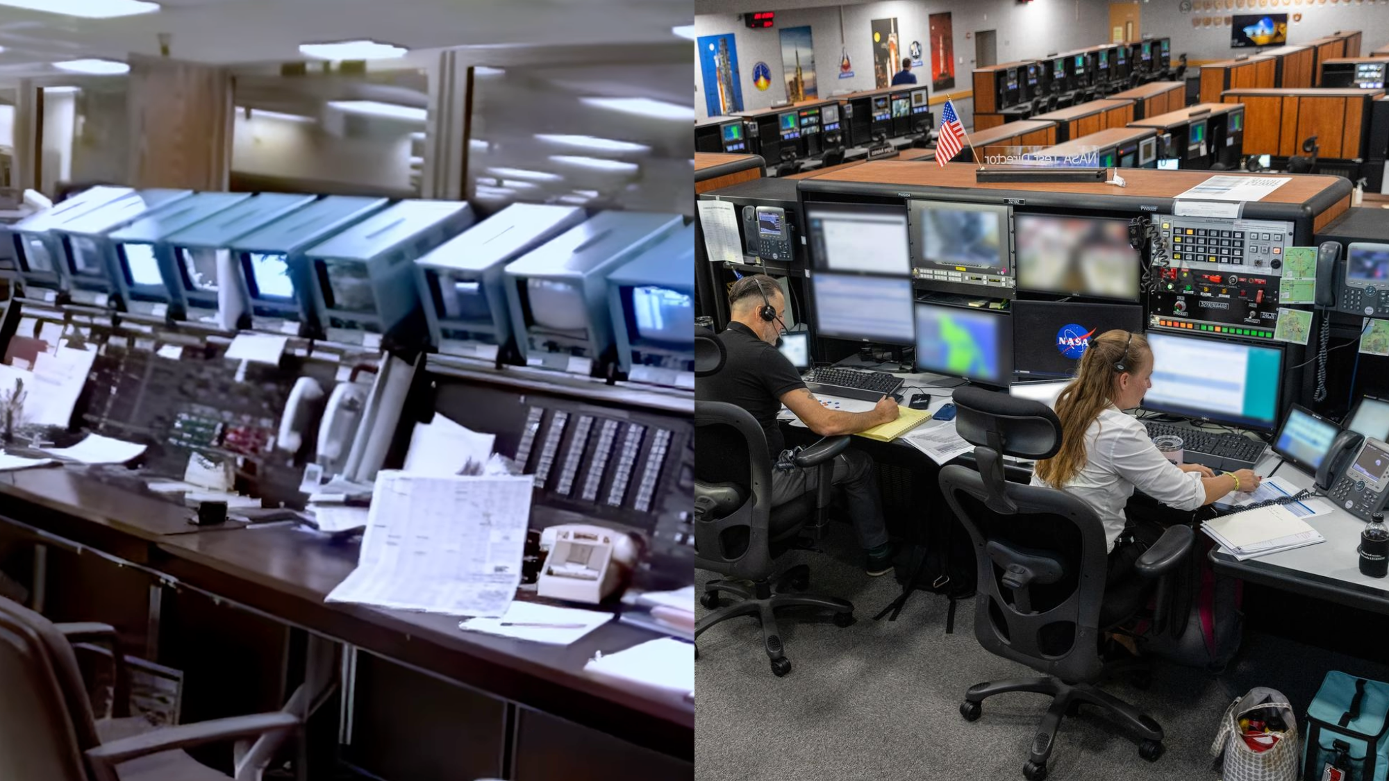 A side view of the command center when engineers would keep tabs on the Voyager’s journey (left). Members of the Artemis II launch team, including personnel with NASA’s Exploration Ground Systems participate in an emergency escape or egress demonstration simulation for the Artemis II mission inside Firing Room 1 in the Launch Control Center at NASA’s Kennedy on August 12, 2024. (right)