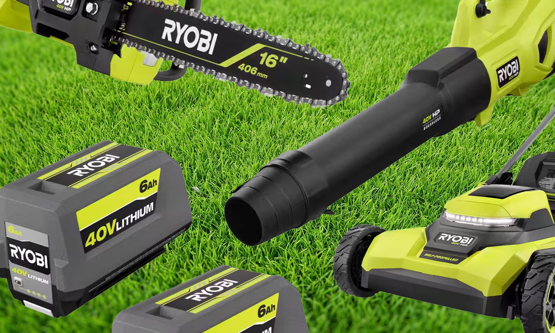 Ryobi yard tools on sale at Home Depot against grass background