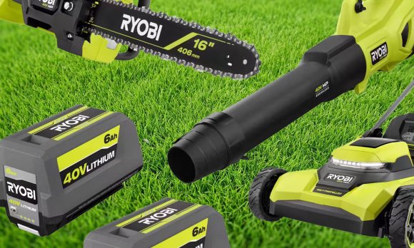 Ryobi yard tools on sale at Home Depot against grass background