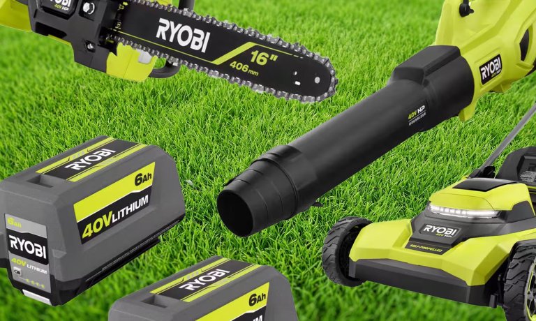 Ryobi yard tools on sale at Home Depot against grass background