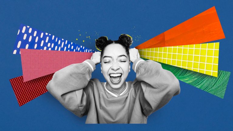 collage of young non-binary person laughing while holding colourful shapes