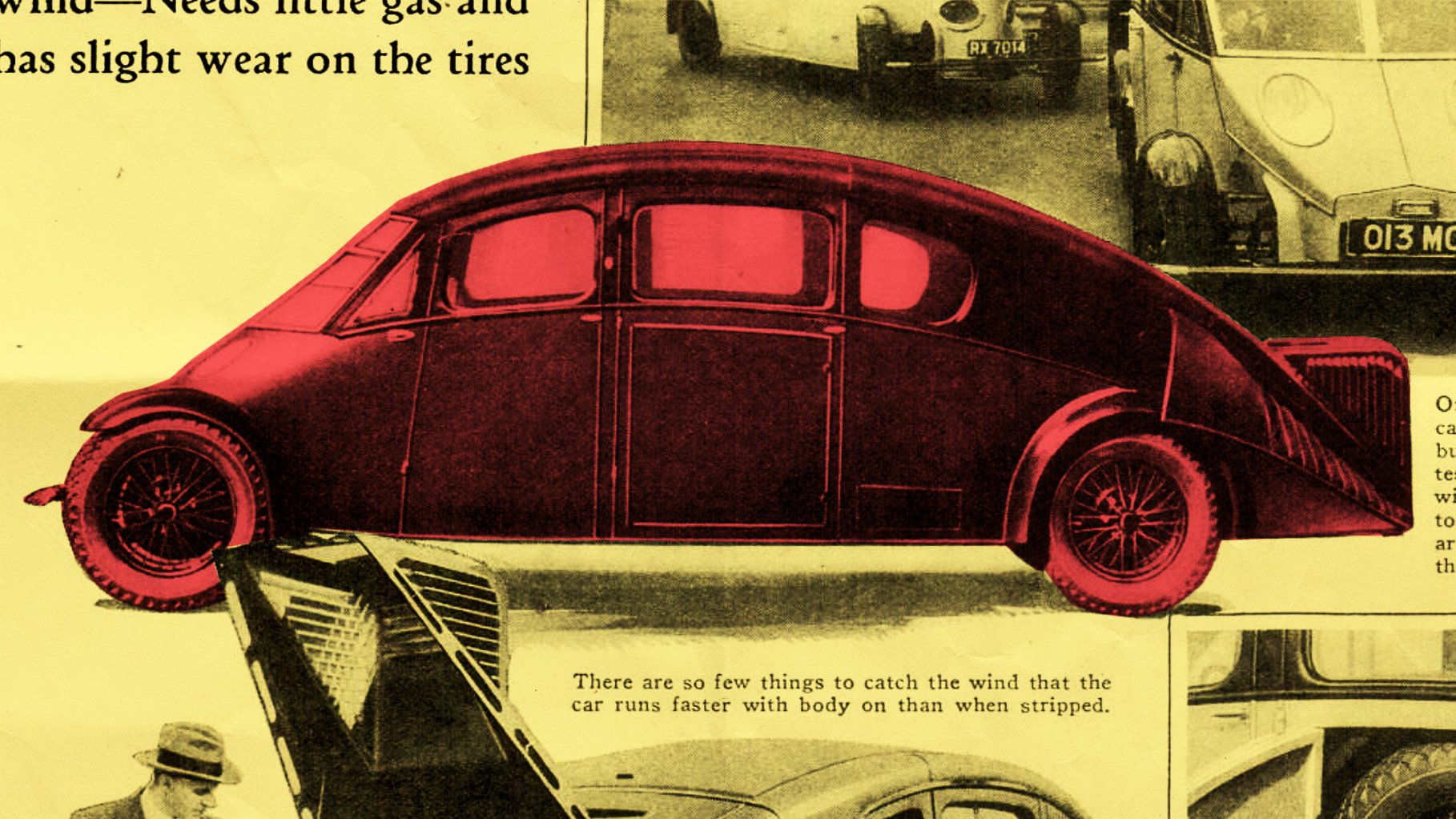 A retro, red-colored teardrop-shaped car on a yellow newspaper or magazine background.