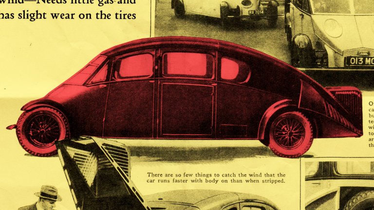 A retro, red-colored teardrop-shaped car on a yellow newspaper or magazine background.