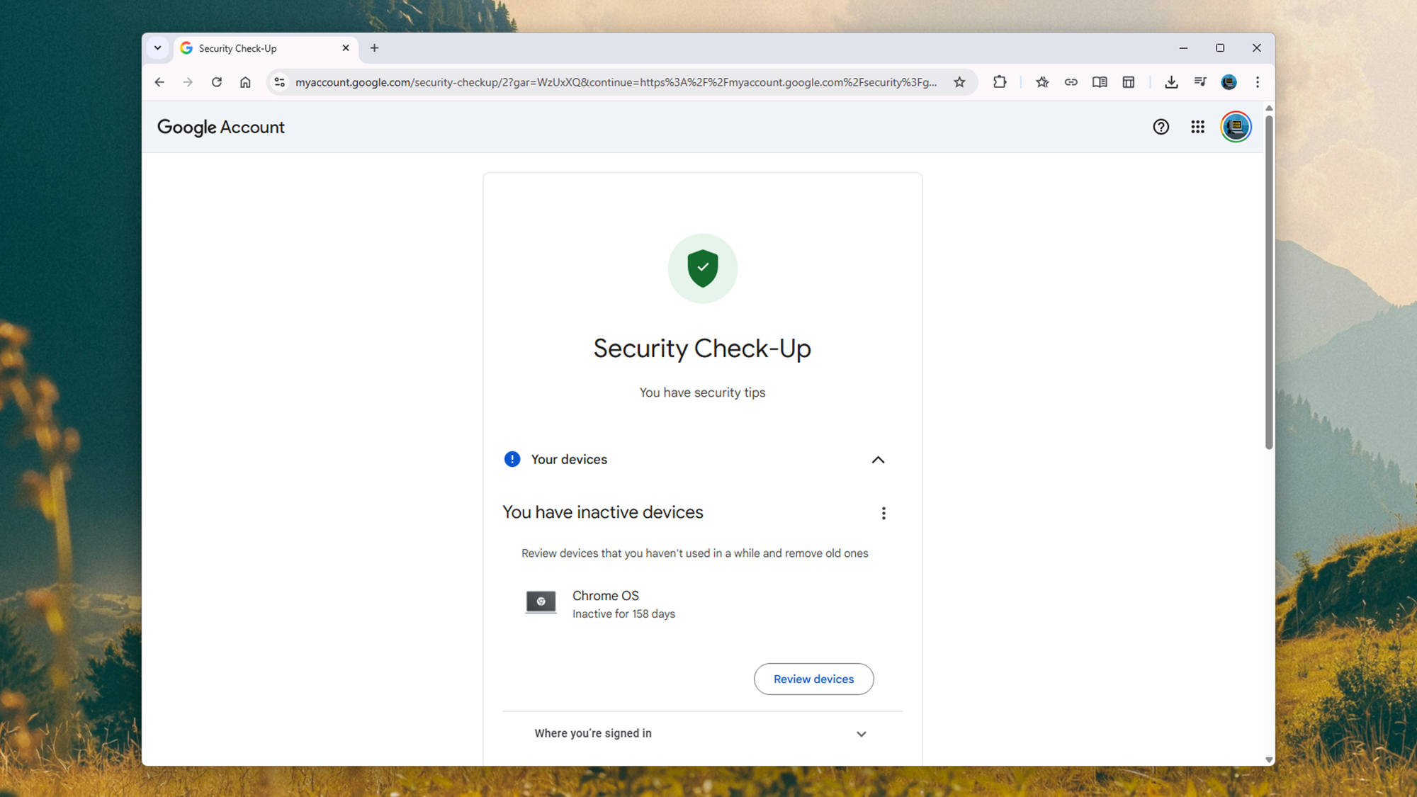 screenshot of security check-up