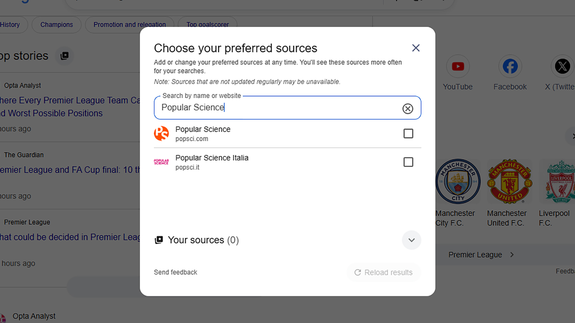 screenshot of setting preferred sources 