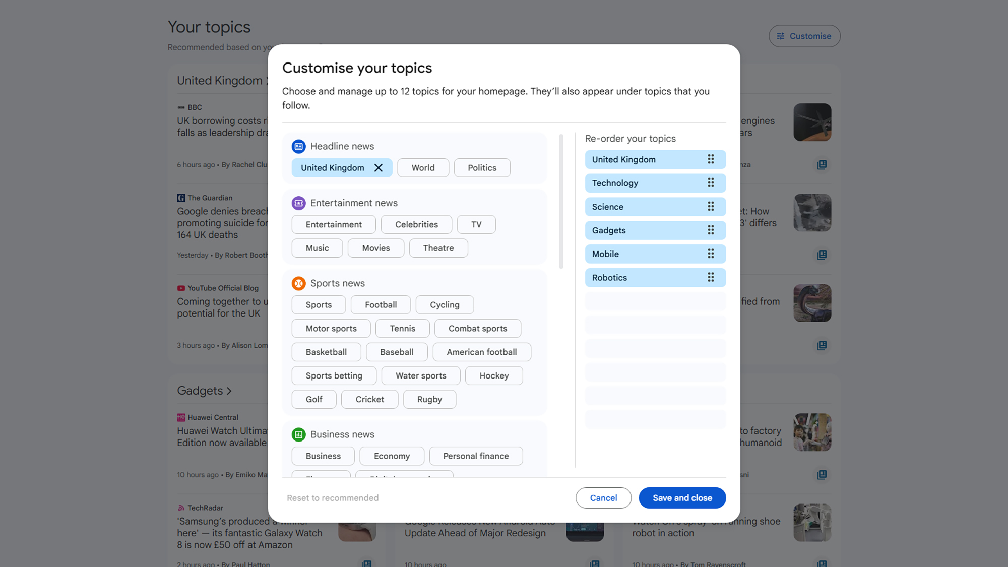 screenshot of customize topics page