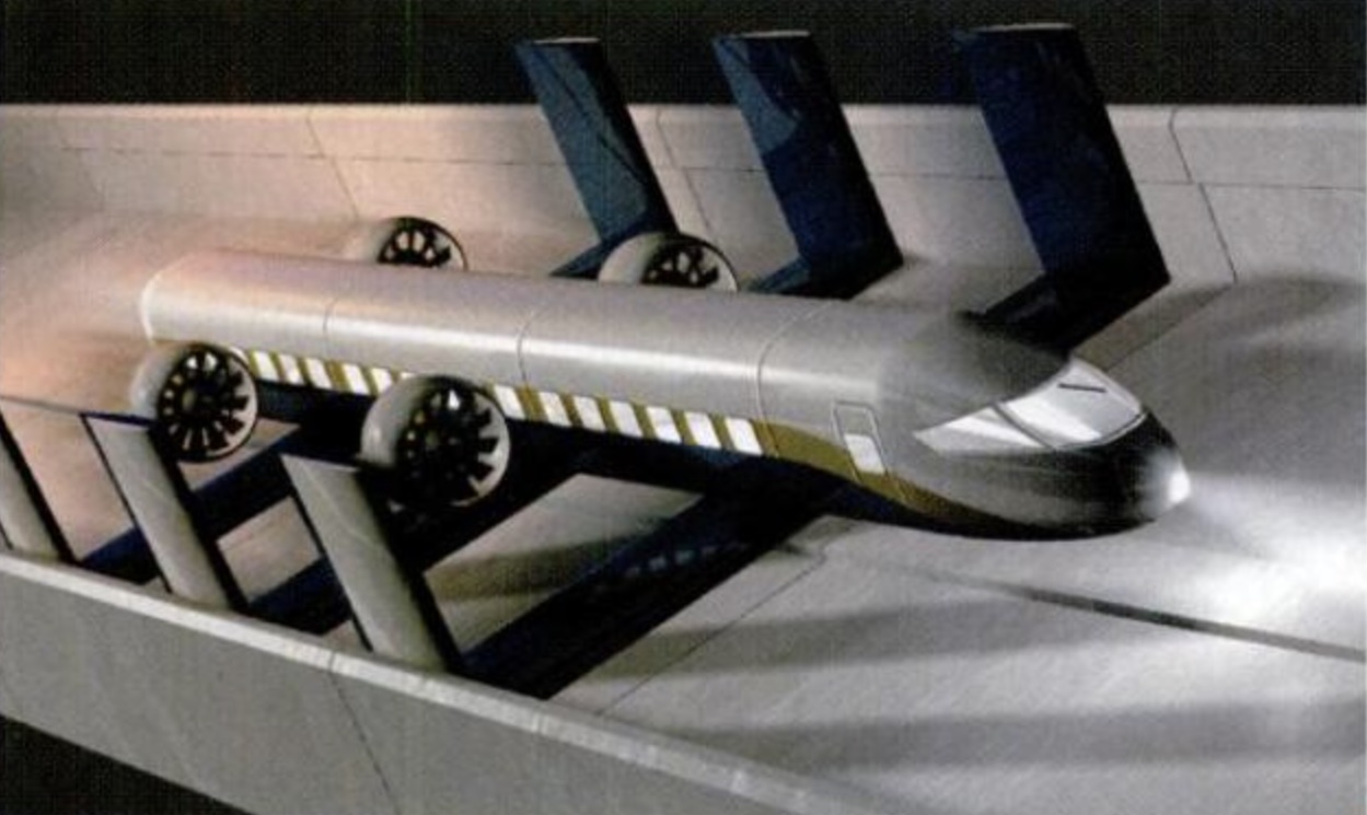 Magazine digital illustration of a hovertrain. Basically the hull of a plane with four wind turbines attached at its sides running along a platform.