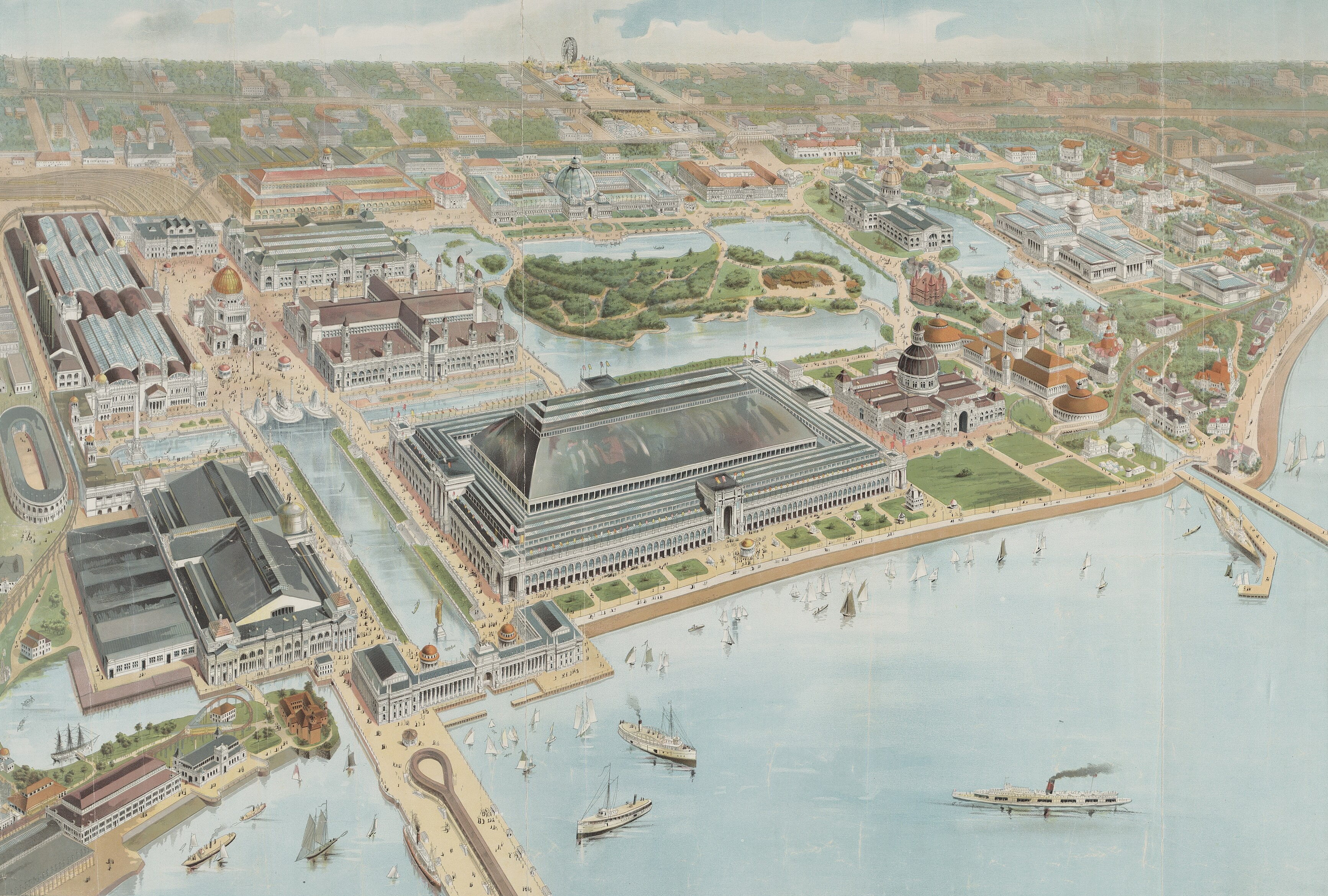 A panoramic, bird's-eye view illustration shows the massive layout of the 1893 World's Columbian Exposition in Chicago. The "White City" features sprawling neoclassical buildings arranged around a central lagoon and the Lake Michigan shoreline, with the enormous Manufactures and Liberal Arts Building sitting prominently in the center. The water is dotted with sailboats and steamboats, while the far background reveals the original Ferris Wheel standing tall above the Midway Plaisance.