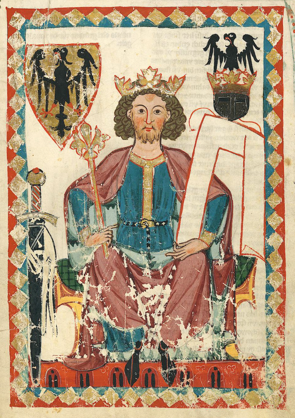 Medieval illustration of a king with curly brownish hair and a beard.