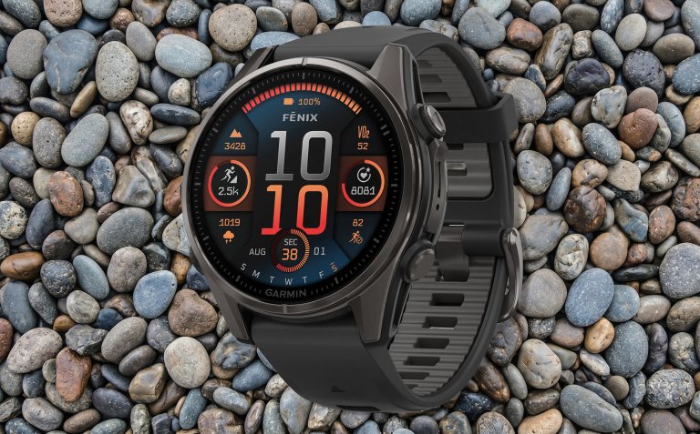 Garmin fēnix 8 AMOLED Sapphire on a stone background