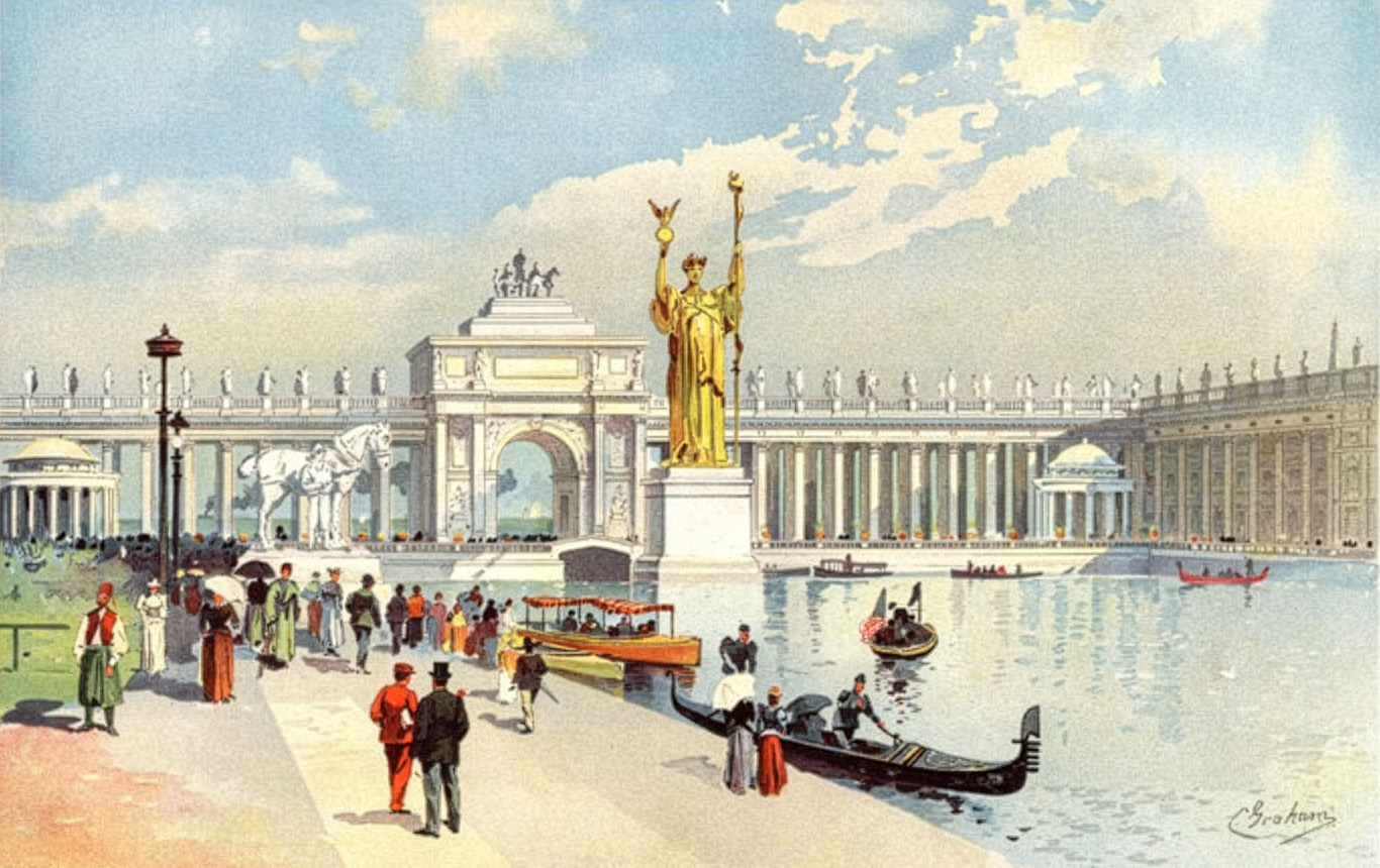Color lithograph showing a golden statue in a water basin surrounded by a white colonnade. 