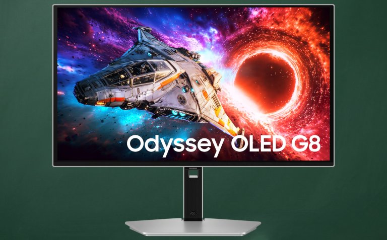 Samsung Odyssey OLED G8 27-inch 4K gaming monitor with a gaming image on the screen.