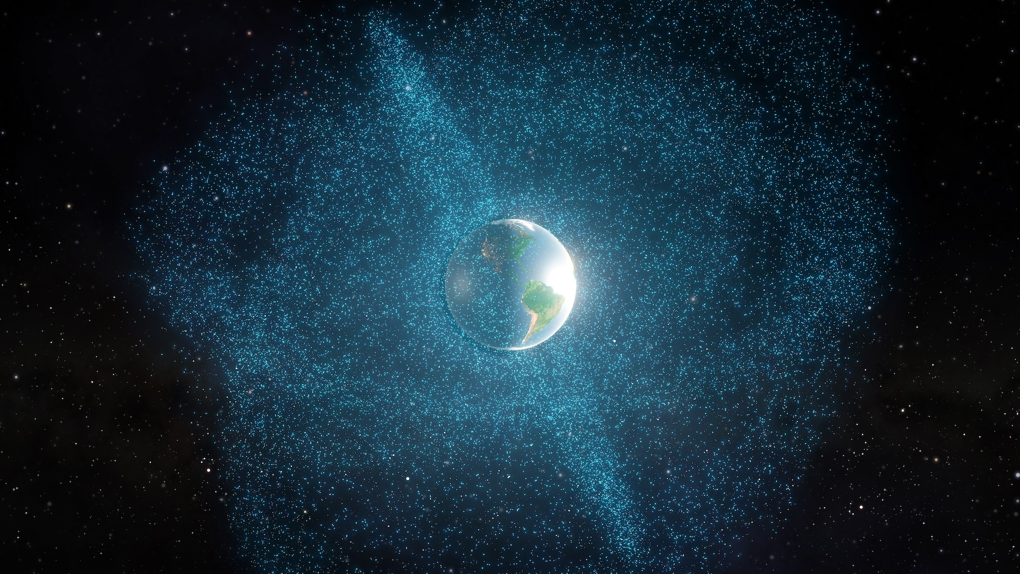Illustration showing clouds of space junk orbiting Earth
