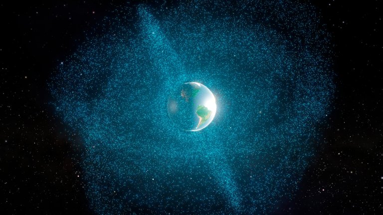 Illustration showing clouds of space junk orbiting Earth