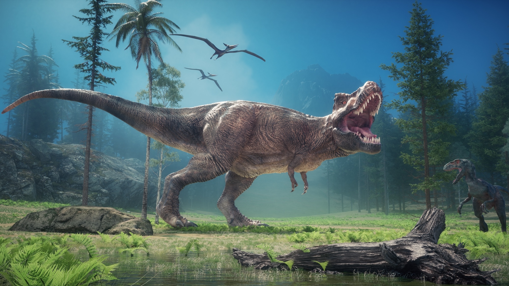 3D render illustration of T. rext and various other dinosaurs in a forest
