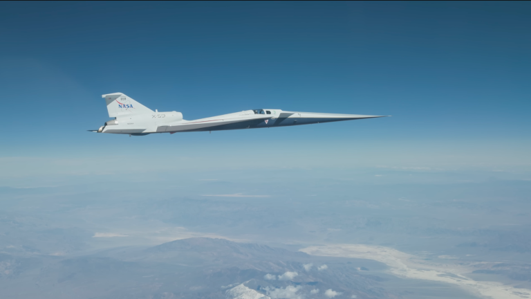 Lockheed X-59 aircraft in flight over Mojave Desert