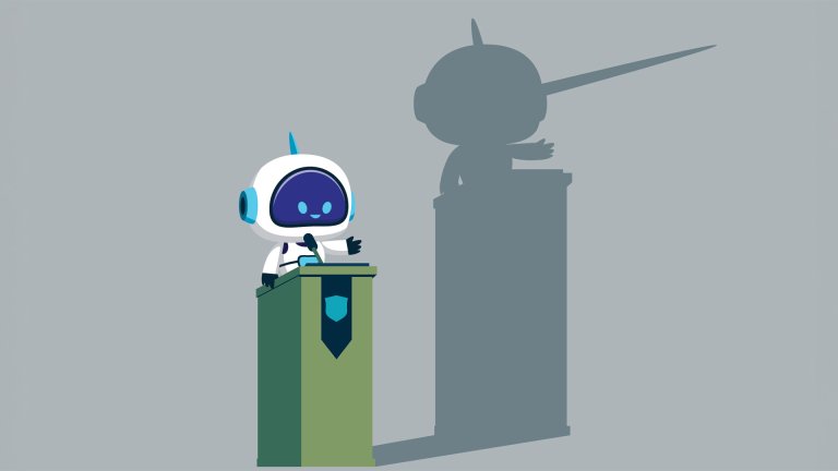 Cyborg with artificial intelligence with long nose lier talk about fake news