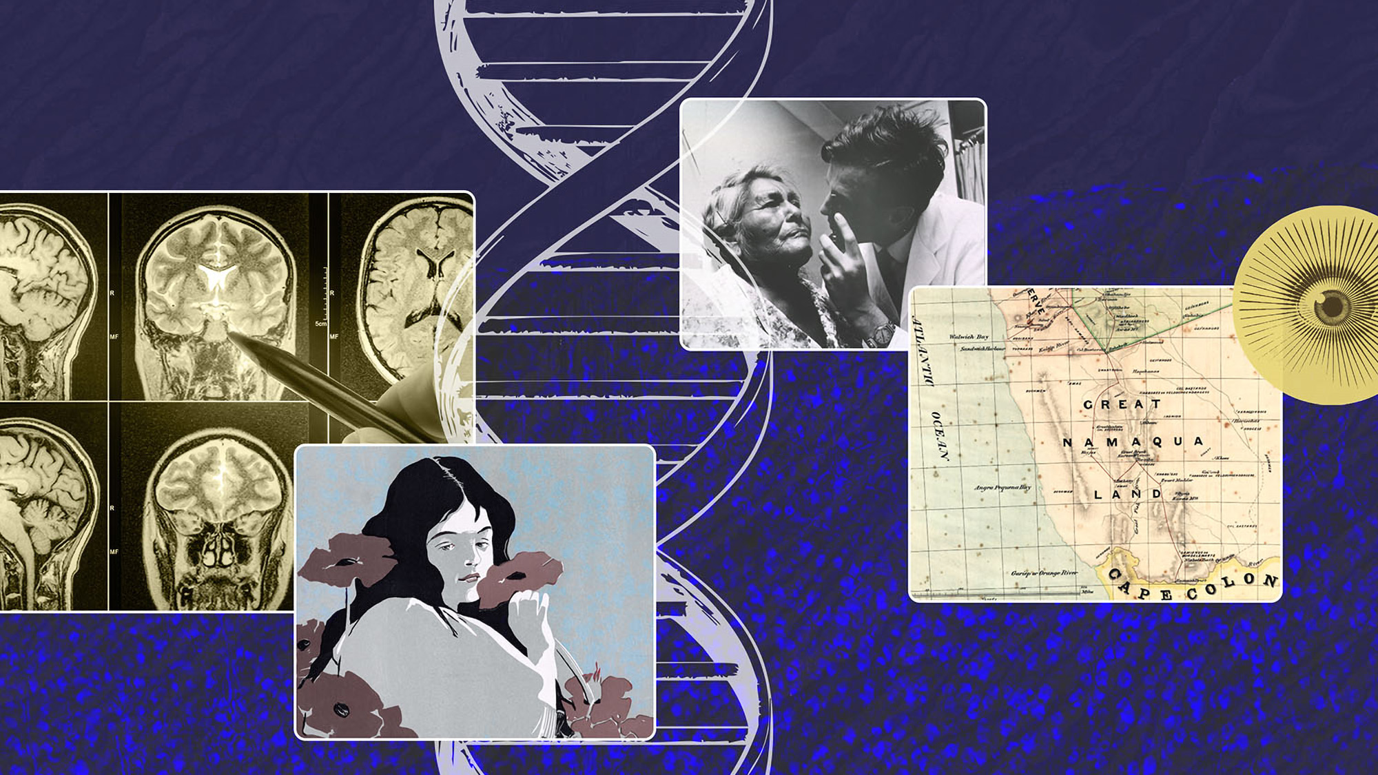 Collage showing brain scans, a map of Africa, a close up of a human eye, a man and woman, and an illustration of a woman on a blue background with a DNA helix.