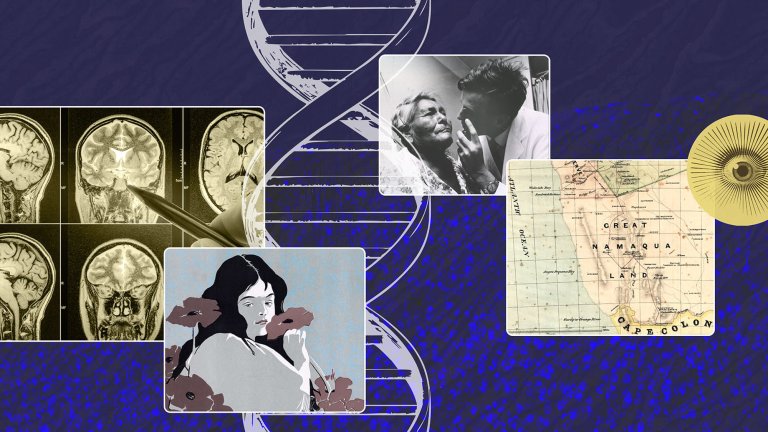 Collage showing brain scans, a map of Africa, a close up of a human eye, a man and woman, and an illustration of a woman on a blue background with a DNA helix.