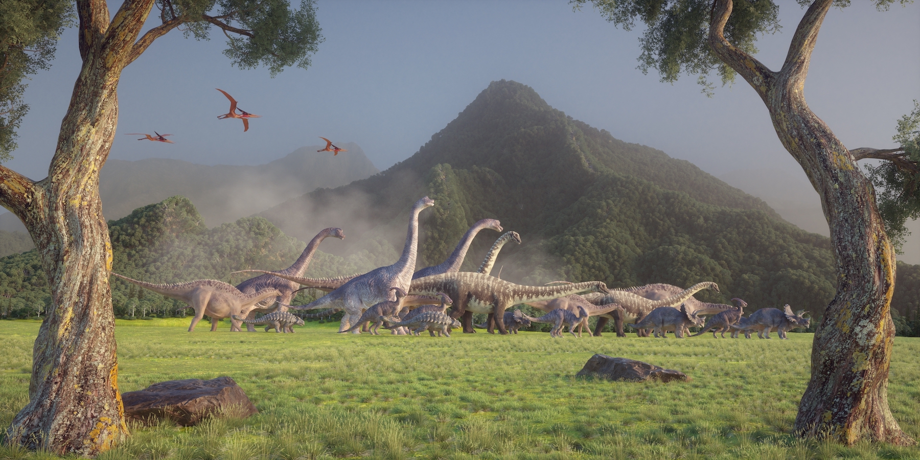 Dinosaurs on the valley. Migration. This is a 3d render illustration.; Shutterstock ID 2490864919; purchase_order: PopSci; job: ; client: ; other: