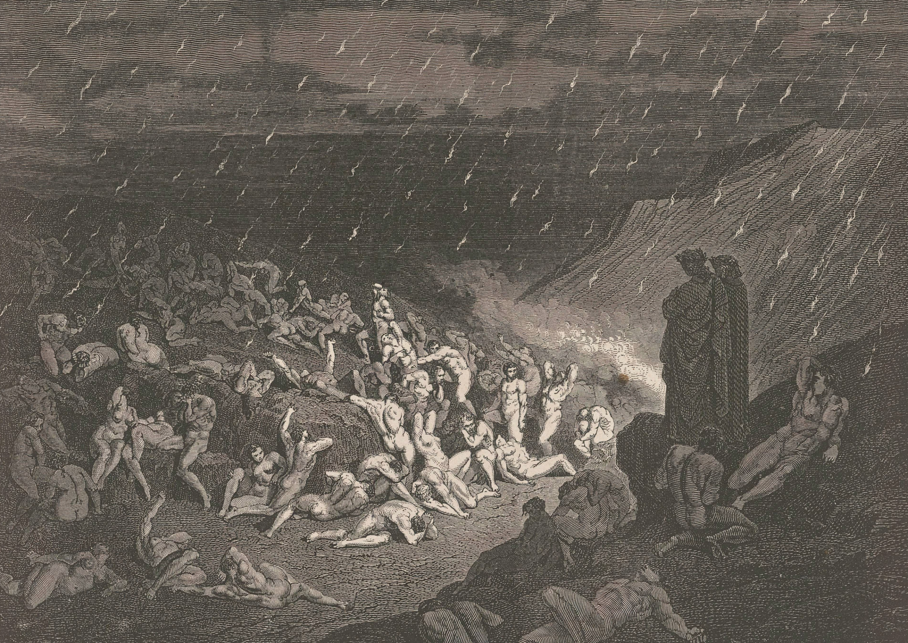 A dramatic Gustave Doré engraving for Dante's Inferno, depicting a crowd of souls in a desolate landscape under a raining fire, observed by two figures.