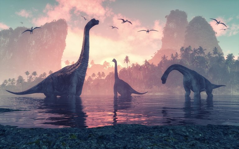 Brachiosaurus dinosaur in water next to islands with palm trees. This is a 3d render illustration; Shutterstock ID 2218581533; purchase_order: PopSci; job: ; client: ; other: