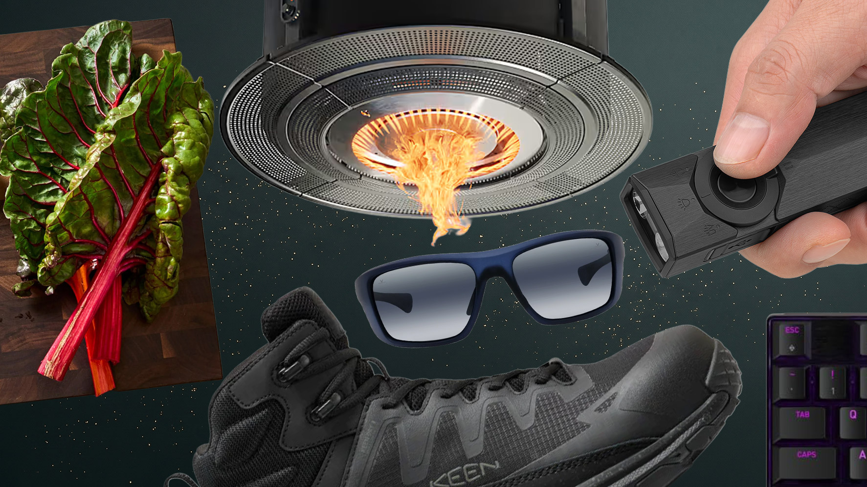 Father's Day Gift Guide Header fire pit, cuttijng board, flashlight, sneaker