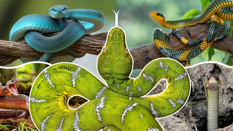 Composite image showing different snakes. A large green snake in the middle and two smaller snakes on the left and right.