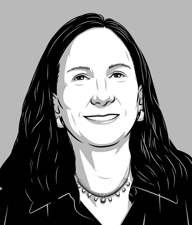 Black and white graphic of a white woman with dark hair.