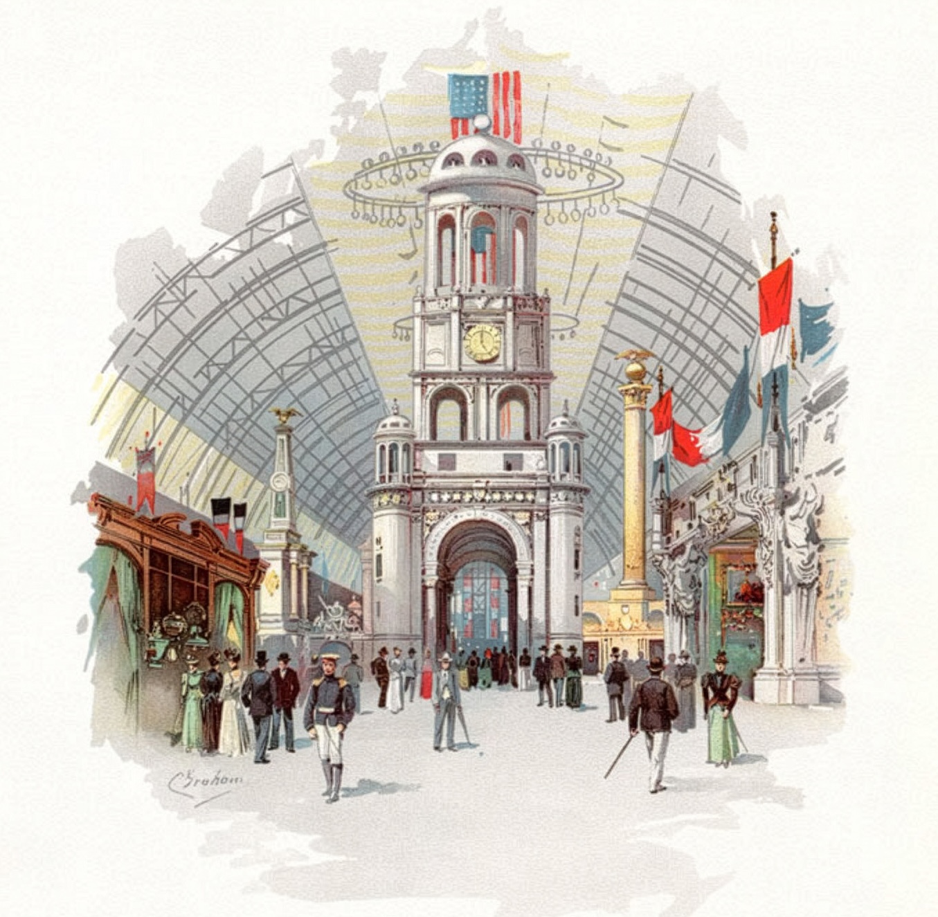 A color lithograph shows a massive white clock tower with an arched opening inside a large exhibit space.