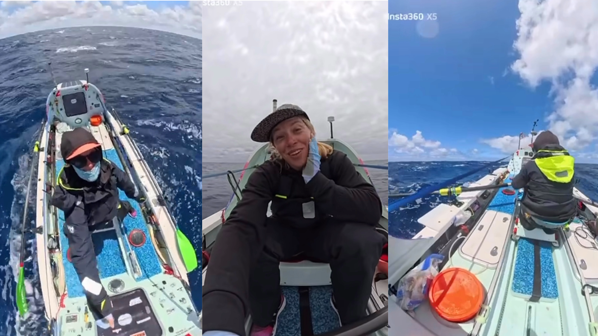 a woman sits in a high-tech rowboat in the ocean