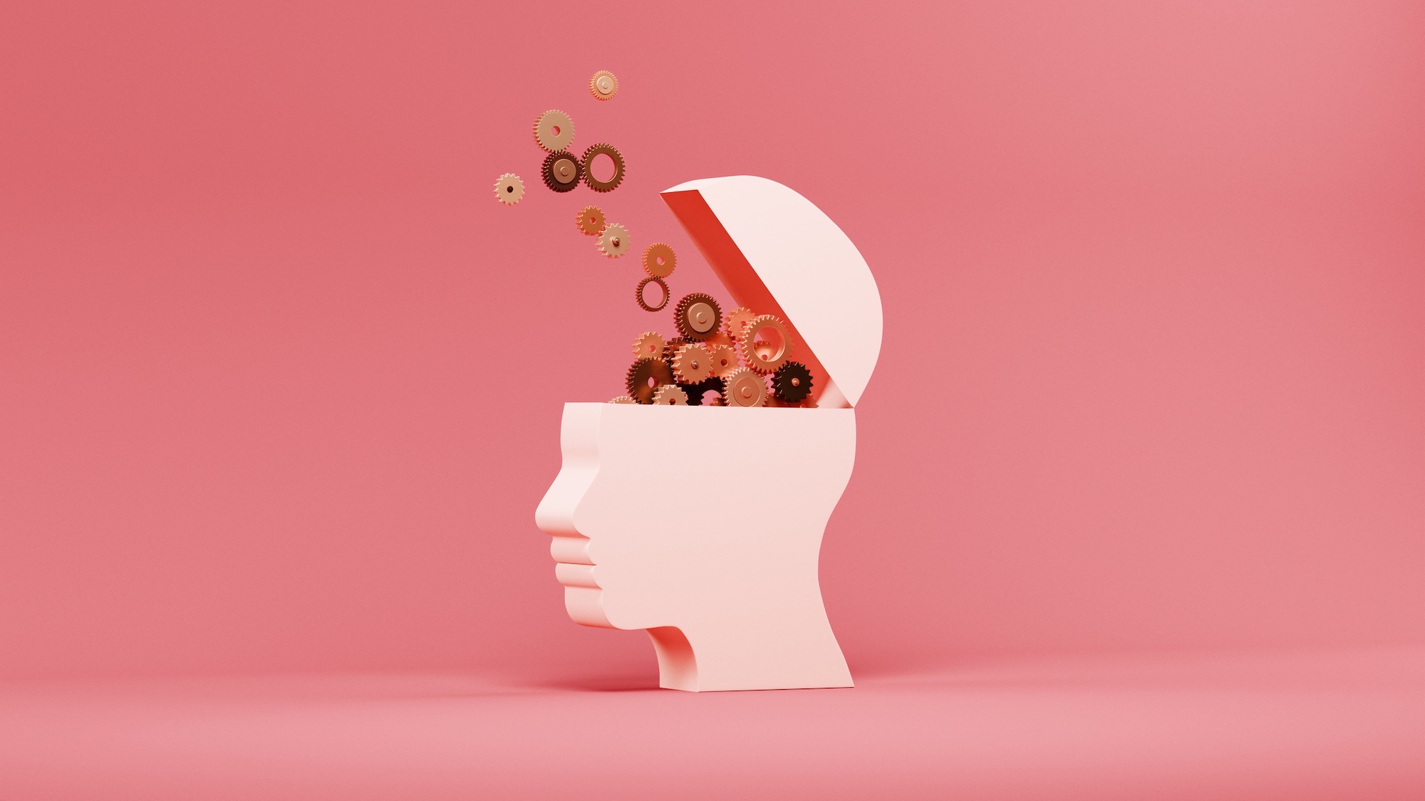 Conceptual image of a two dimensional head shape with an opening revealing a large cluster of gear wheels in place of the brain and gears flying out as well, could illustrate ideas around AI, thinking and sharing knowledge