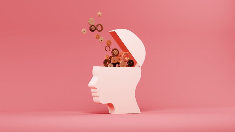 Conceptual image of a two dimensional head shape with an opening revealing a large cluster of gear wheels in place of the brain and gears flying out as well, could illustrate ideas around AI, thinking and sharing knowledge