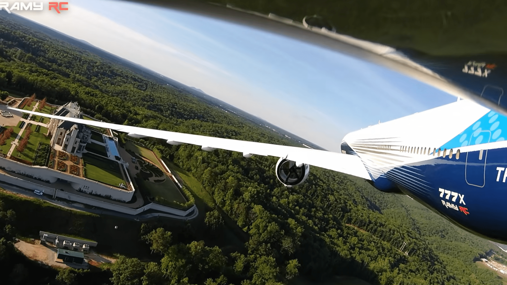 the POV of a remote controlled aircraft flying above an estate