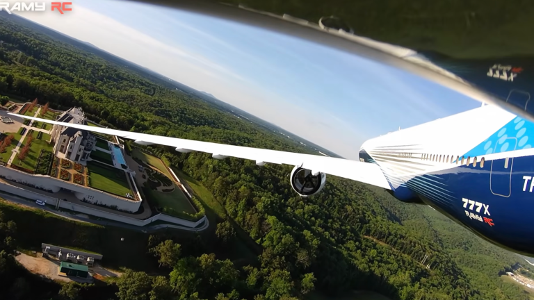 the POV of a remote controlled aircraft flying above an estate