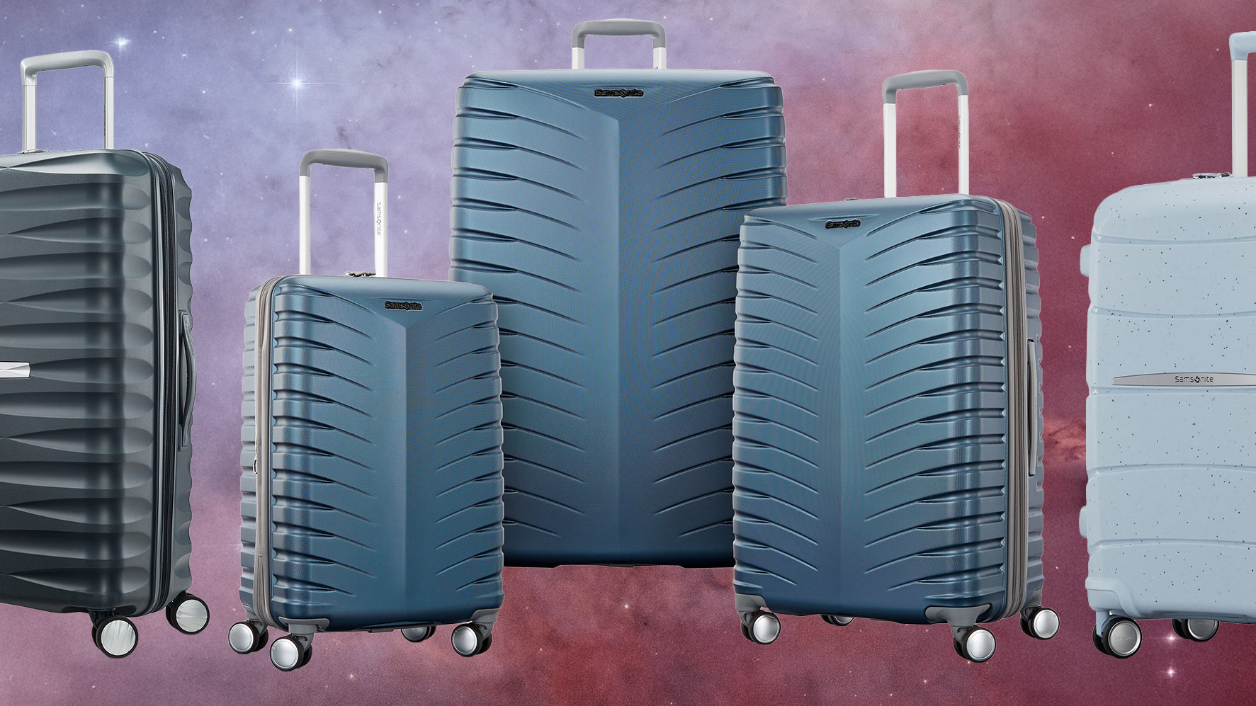 Samsonite suitcases on a space background during the summer sale