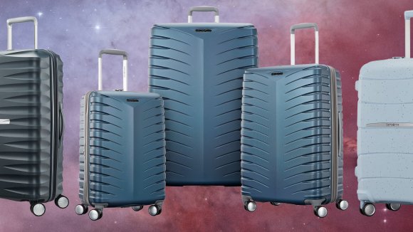 Samsonite suitcases on a space background during the summer sale