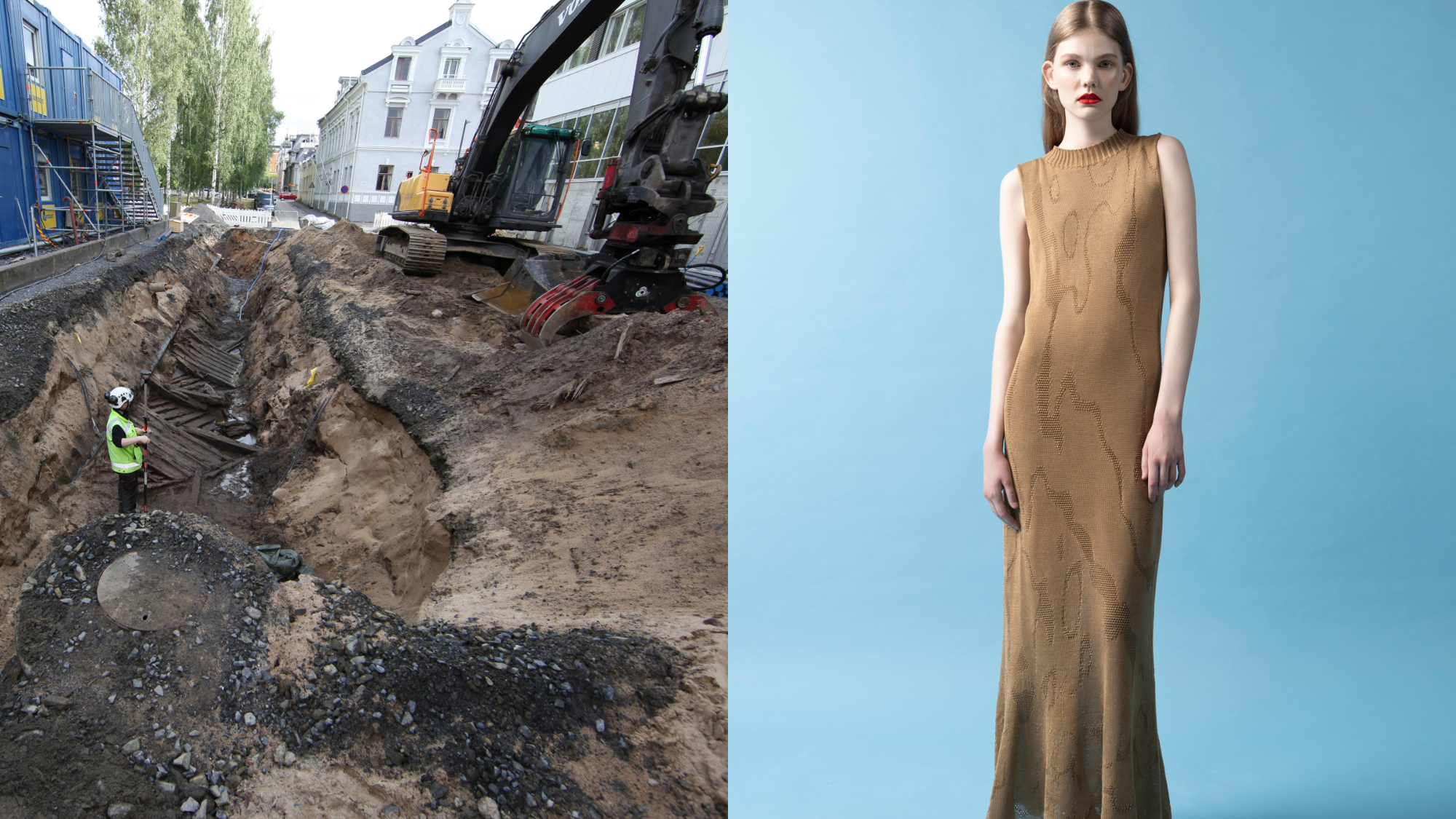 a shipwreck being recovered between two modern buildings (right) a model wearing a brown dress (left)