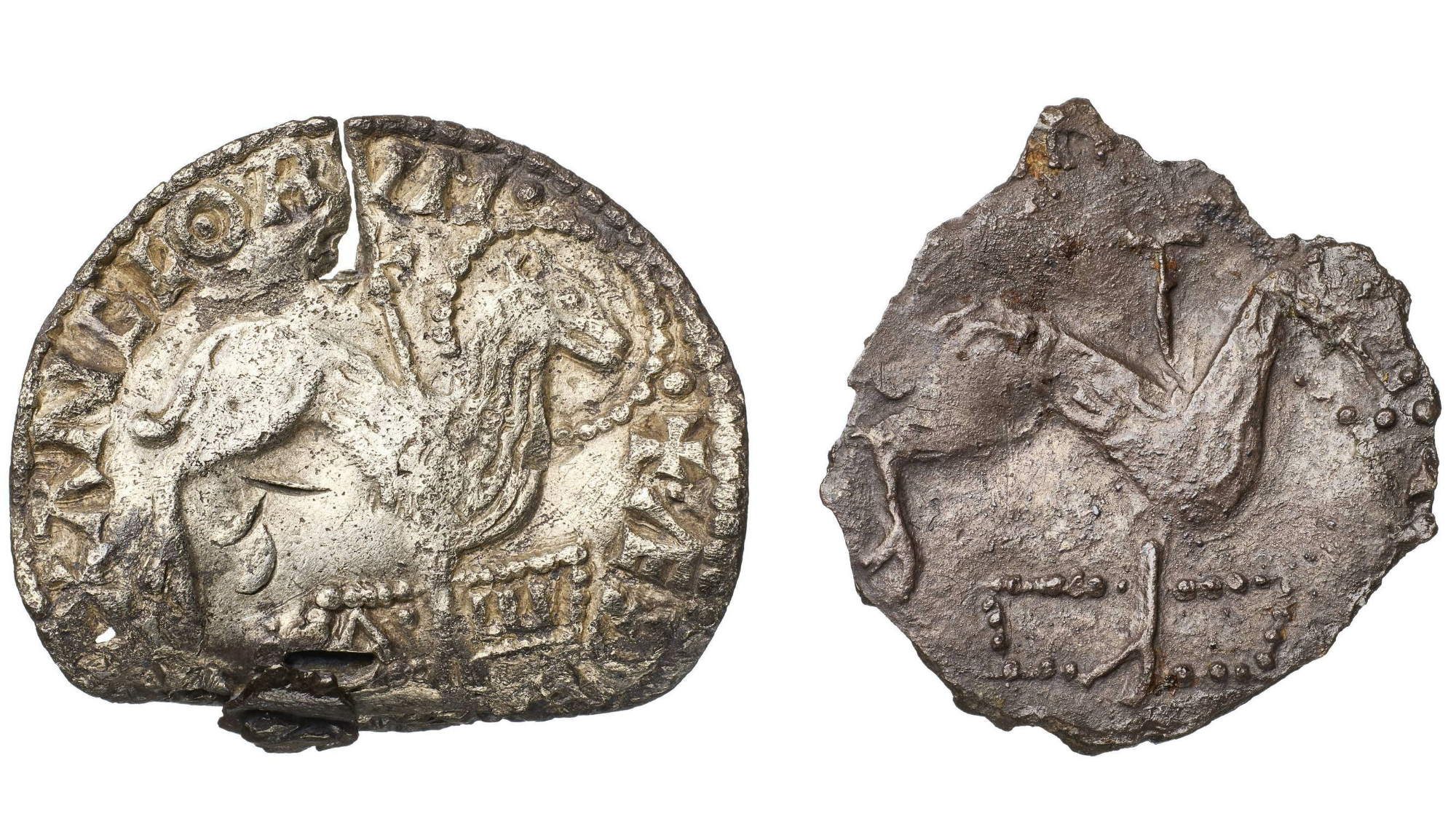 The front of the coin represents Christ’s crucifixion (right). The reverse side has the Greek letters alpha and omega, symbolizing God as the beginning and the end (left).