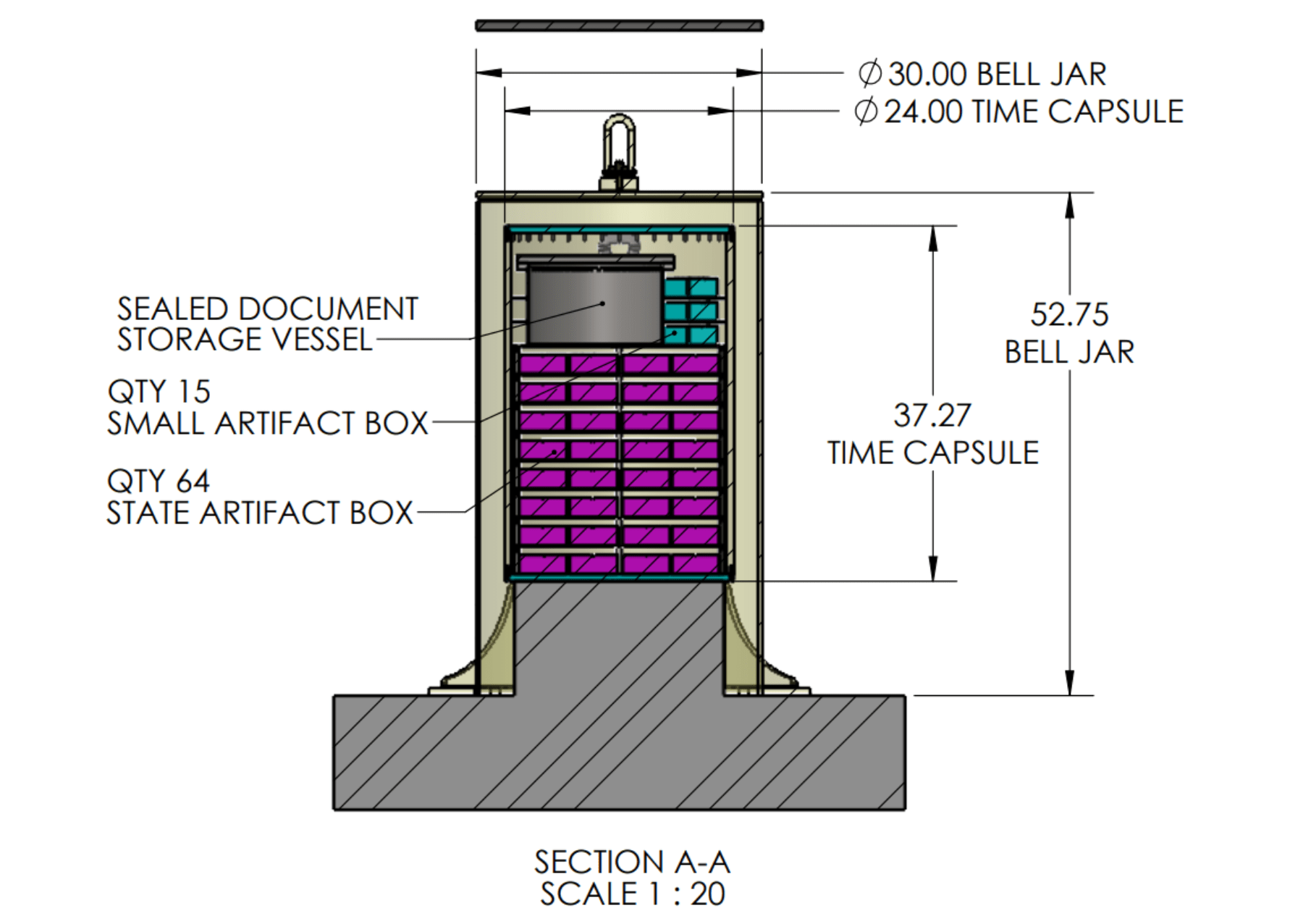 A detailed scale drawing of the America250 time capsule. Image: NIST/America250.