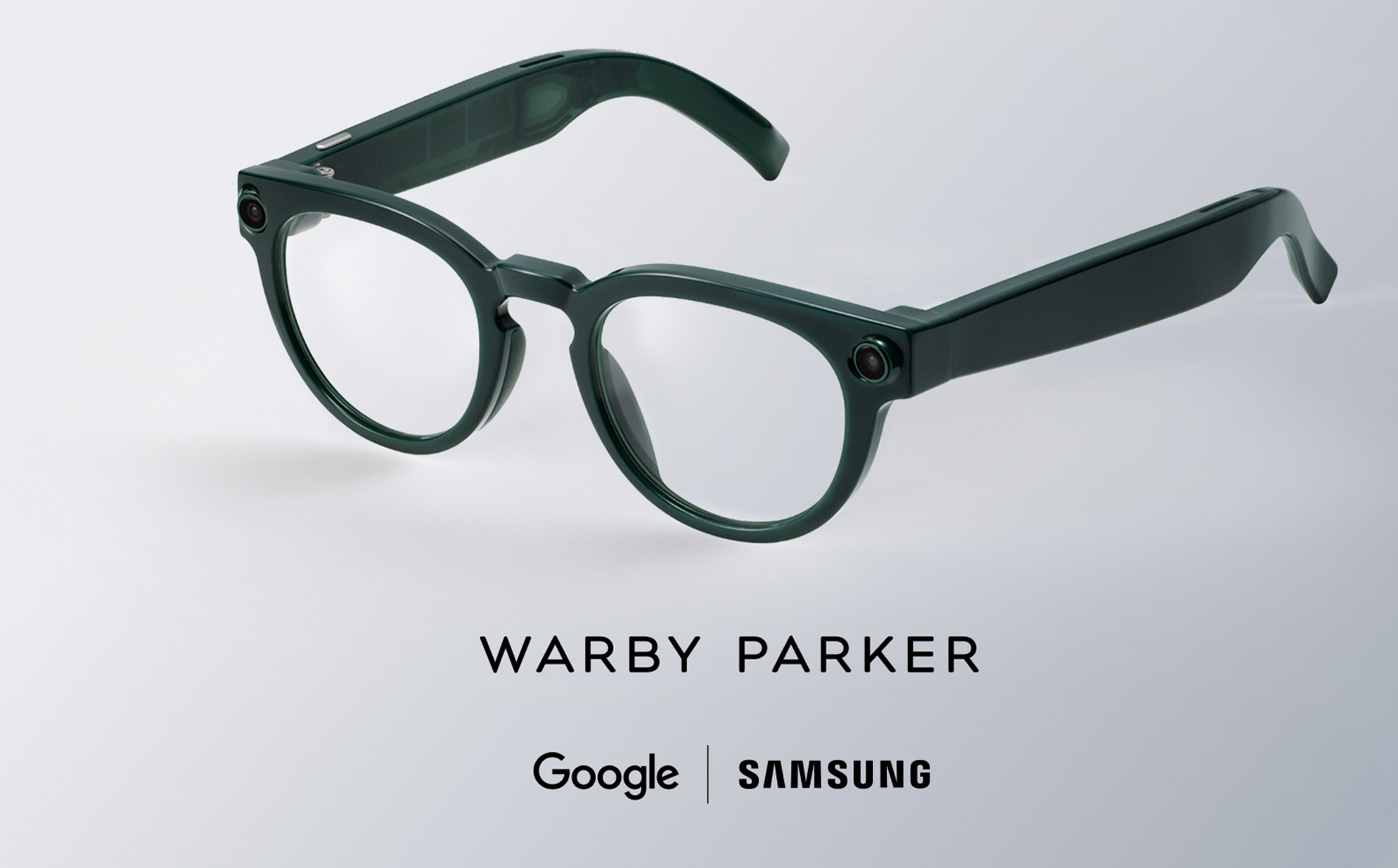 Warby Parker Google Samsung smart glasses on a plain background.