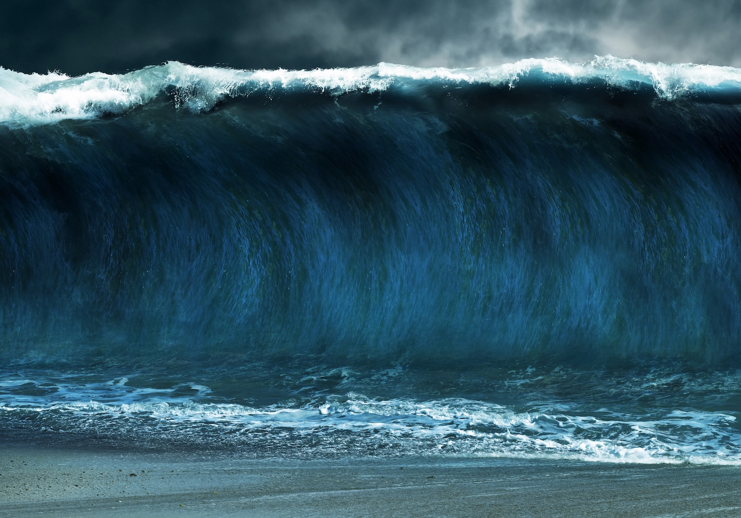 Tsunami stormy sea waves on sand beach, Thunderstorm background; 