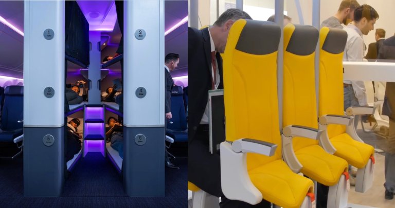 a bunk bed on an airplane and standing seats