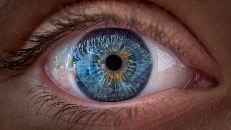 Beautiful female eye in close-up with light blue iris details
