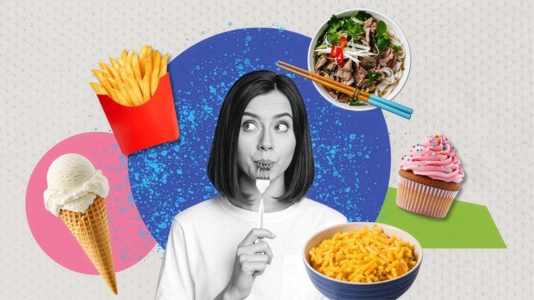 Graphic showing a grey-colored white woman in a white shirt with a fork in her mouth looking at an array of different color comfort food photos.
