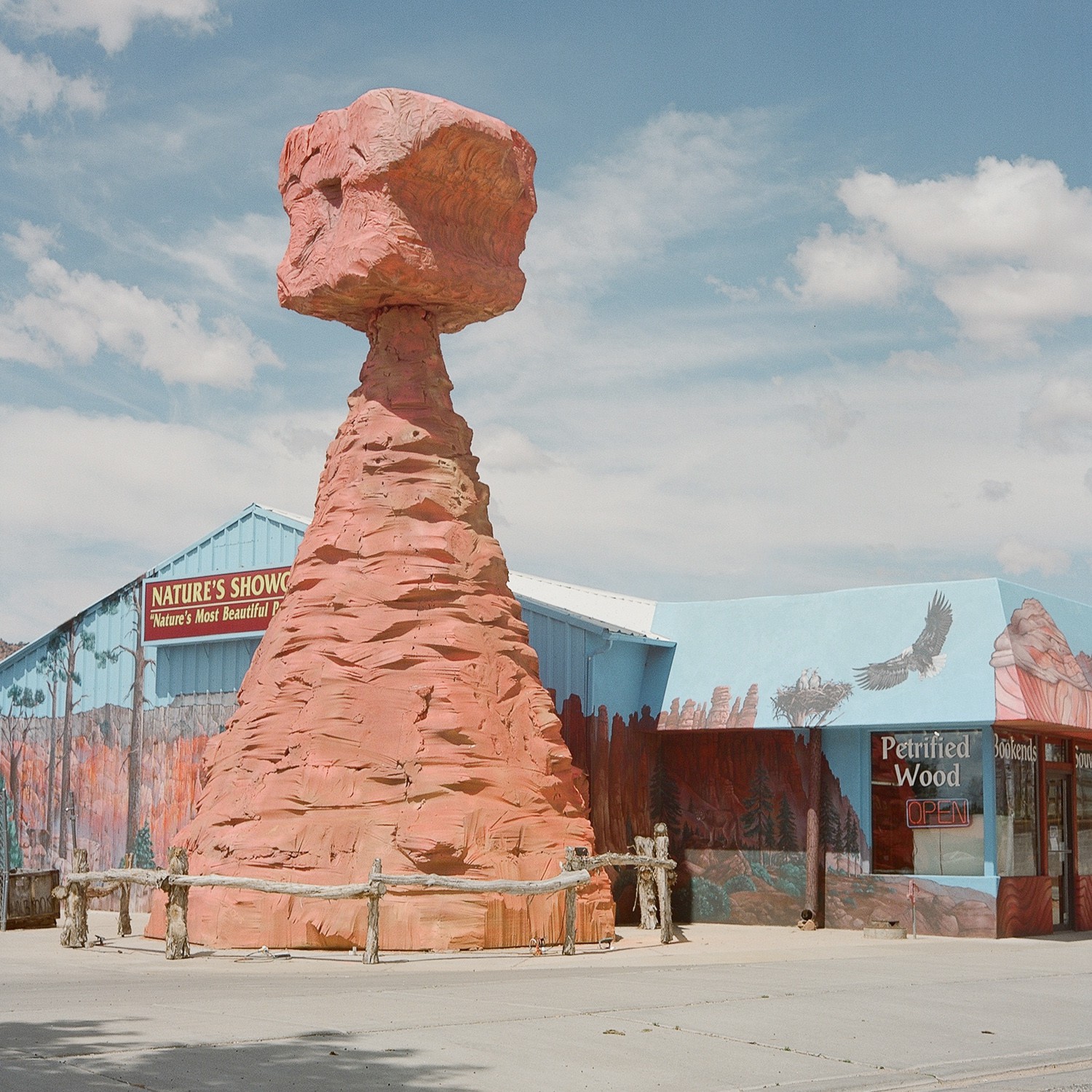 a sculpture outside a petrified wood store