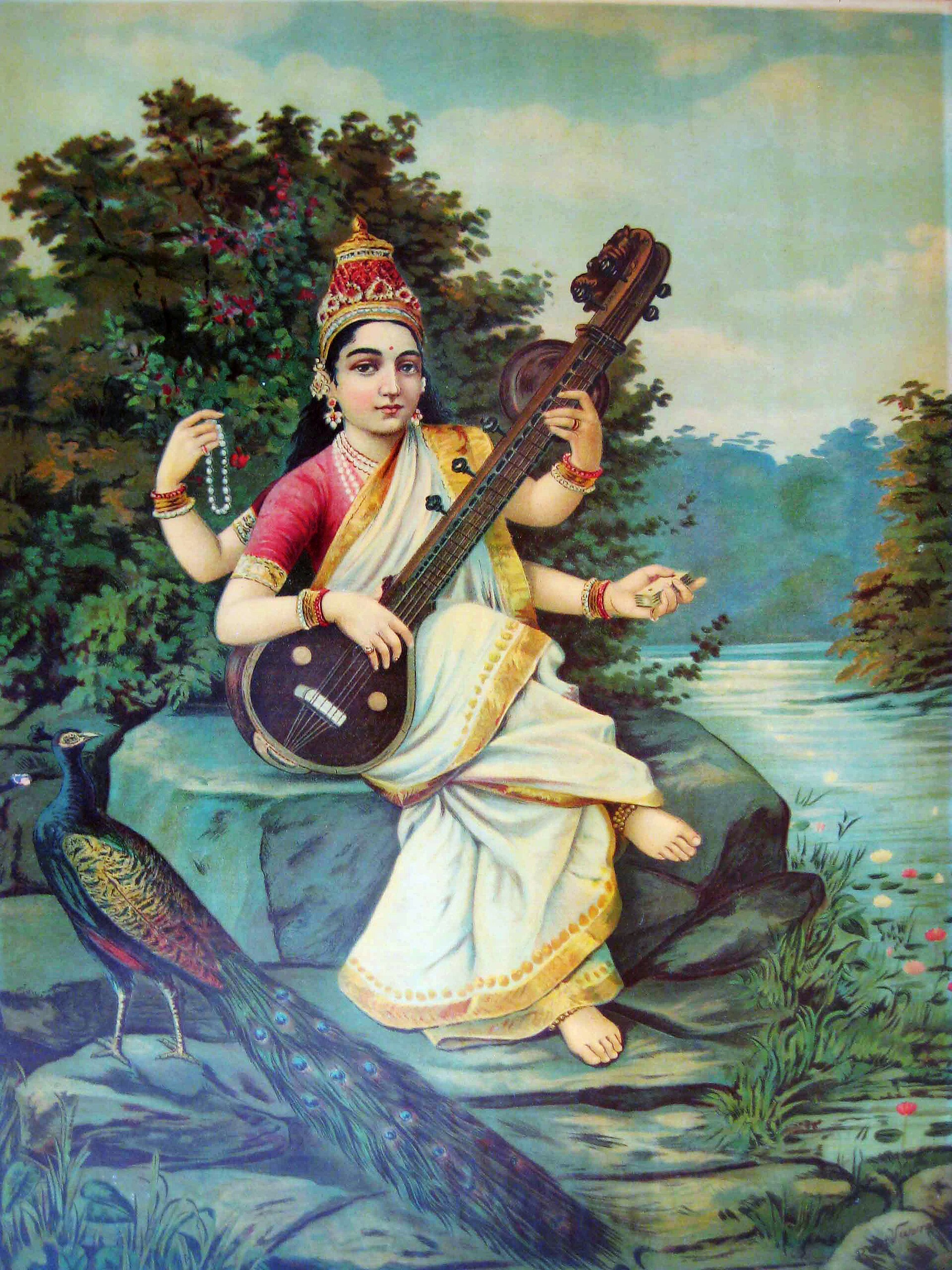 Image of an Indian woman holding a sitar with four arms in nature.