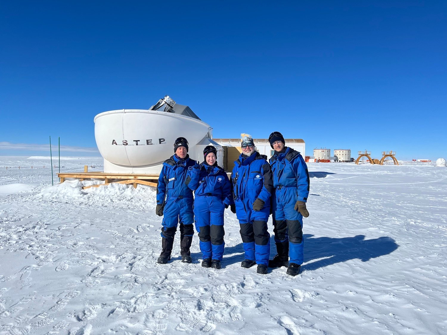 Dr. George Dransfield and colleagues with the Antarctic telescope, ASTEP (Antarctic Search for Transiting ExoPlanets), during a summer service mission in 2021/2022. Image: Karim Agabi / IPEV / PNRA