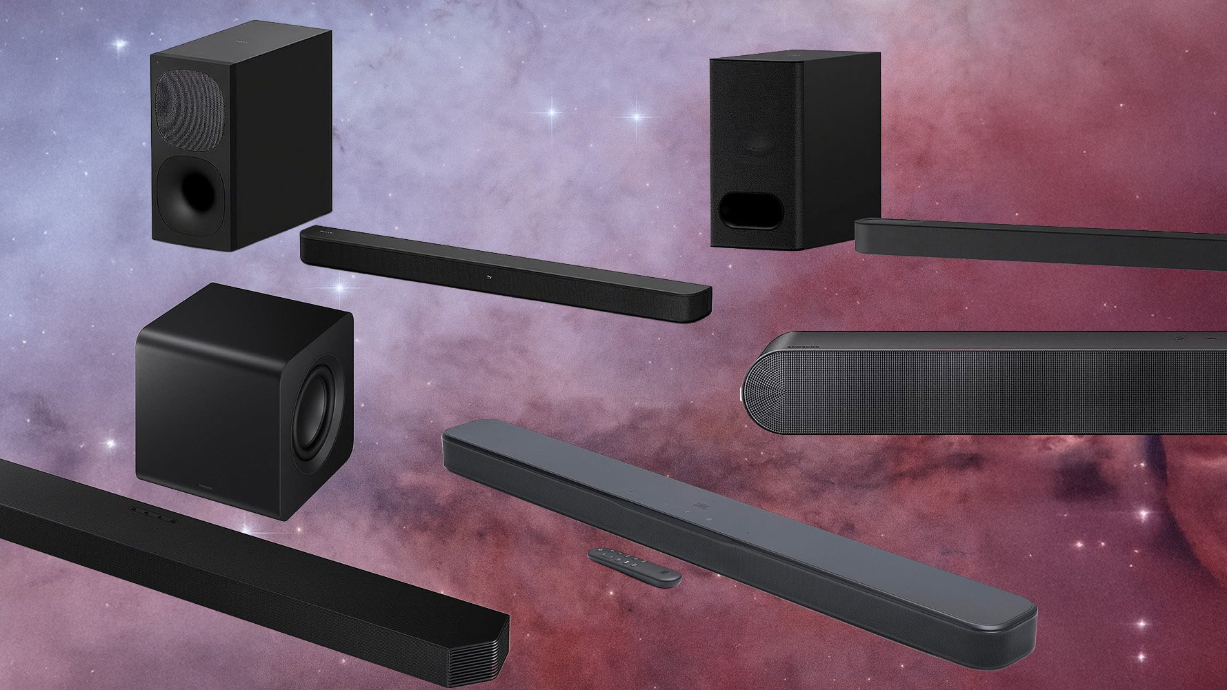A collage of black soundbars on a cosmic background for Amazon Prime Deal Days 2026