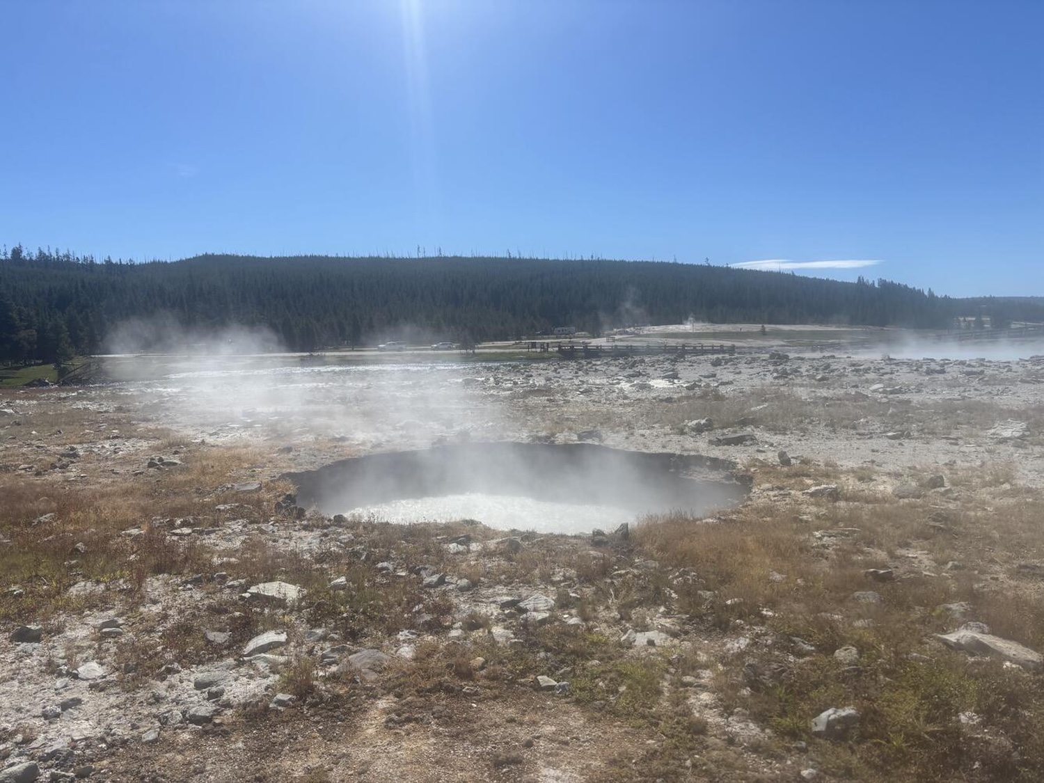 Pool of boiling water that formed a few days after the June 13, 2026, hydrothermal explosion at Biscuit Basin, Yellowstone National Park, and that is located near the middle vent group of features that formed during the explosion. Credit: Yellowstone National Park
